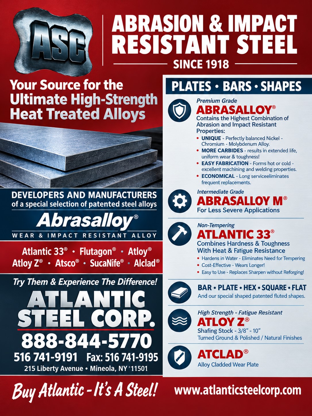 Atlantic Steel promotional poster for abrasion- and impact-resistant steel alloys, plates, bars, and specialty shapes